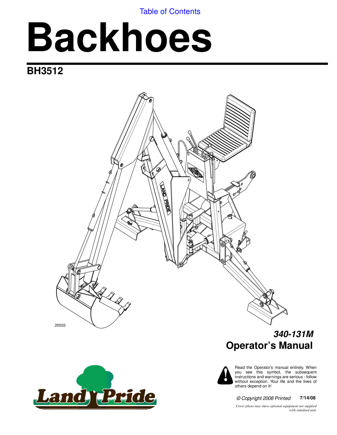 Land Pride BH3512 manual Backhoes 