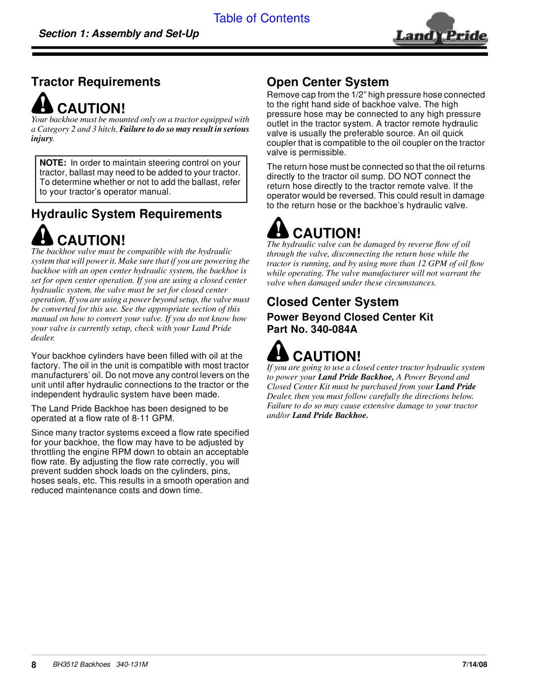 Land Pride BH3512 manual Tractor Requirements, Hydraulic System Requirements, Open Center System, Closed Center System 