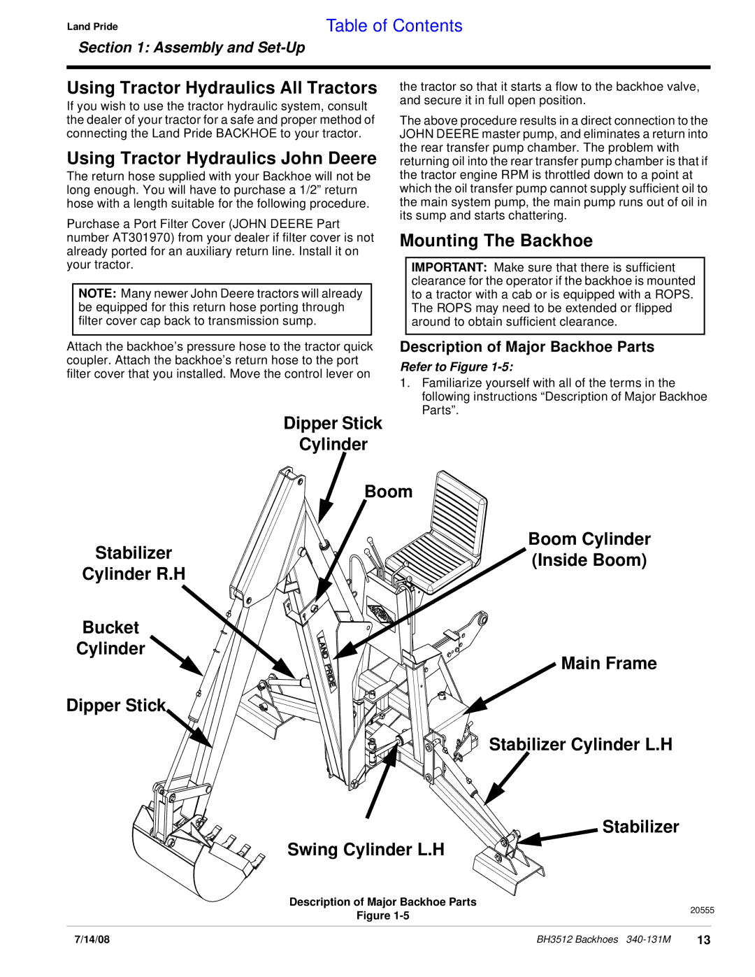 Land Pride BH3512 manual Using Tractor Hydraulics All Tractors, Using Tractor Hydraulics John Deere, Dipper Stick Cylinder 