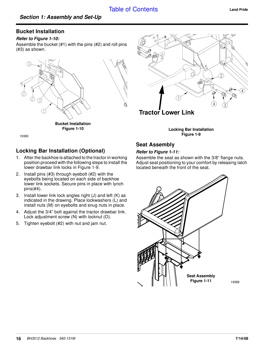 Land Pride BH3512 manual Tractor Lower Link, Bucket Installation, Locking Bar Installation Optional, Seat Assembly 
