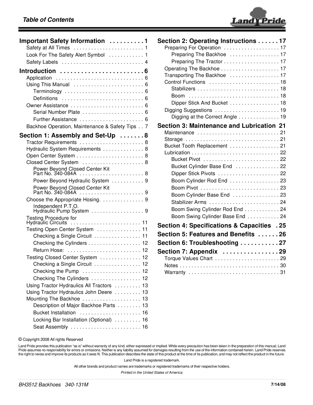 Land Pride BH3512 manual Table of Contents 