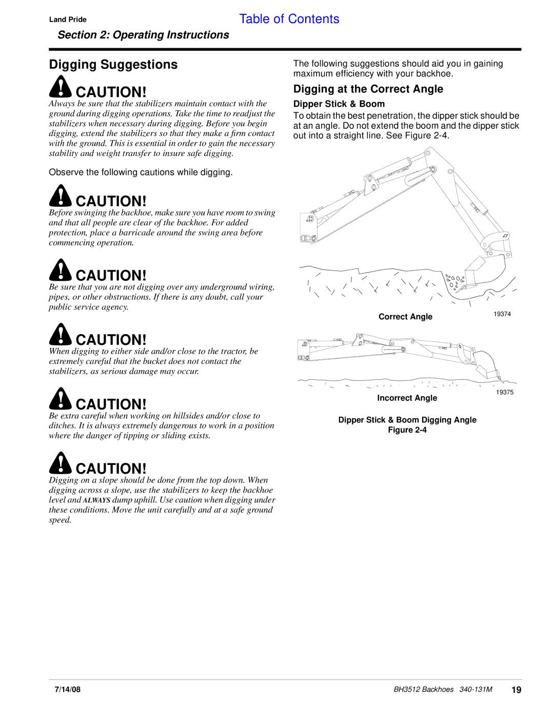 Land Pride BH3512 manual Digging Suggestions, Digging at the Correct Angle, Dipper Stick & Boom 