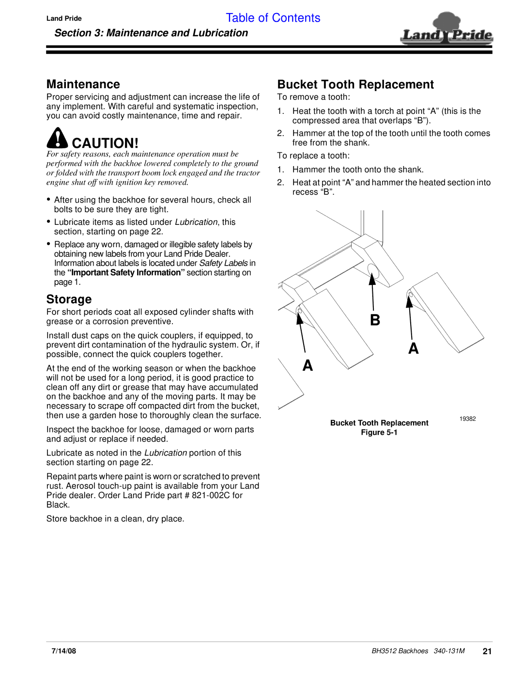 Land Pride BH3512 manual Bucket Tooth Replacement, Storage, Maintenance and Lubrication 