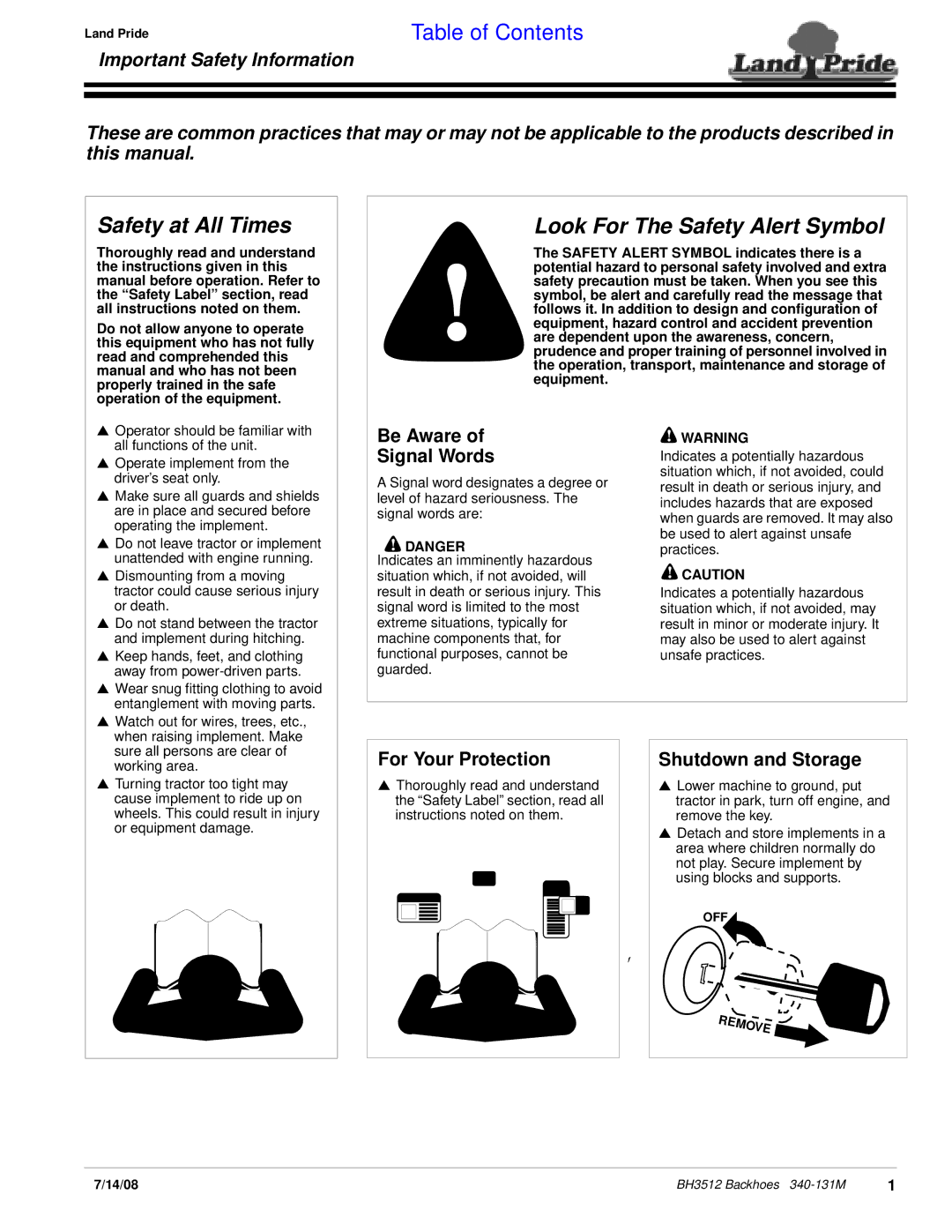 Land Pride BH3512 manual Important Safety Information, Be Aware Signal Words, For Your Protection, Shutdown and Storage 