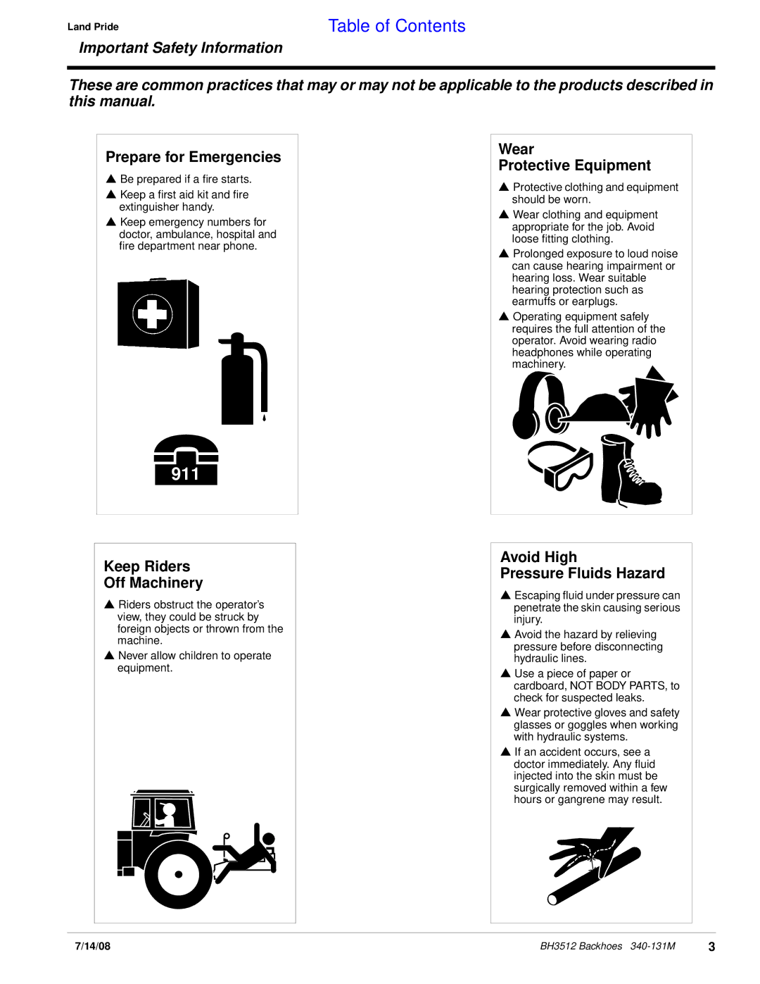 Land Pride BH3512 manual Prepare for Emergencies, Wear Protective Equipment, Keep Riders Off Machinery 