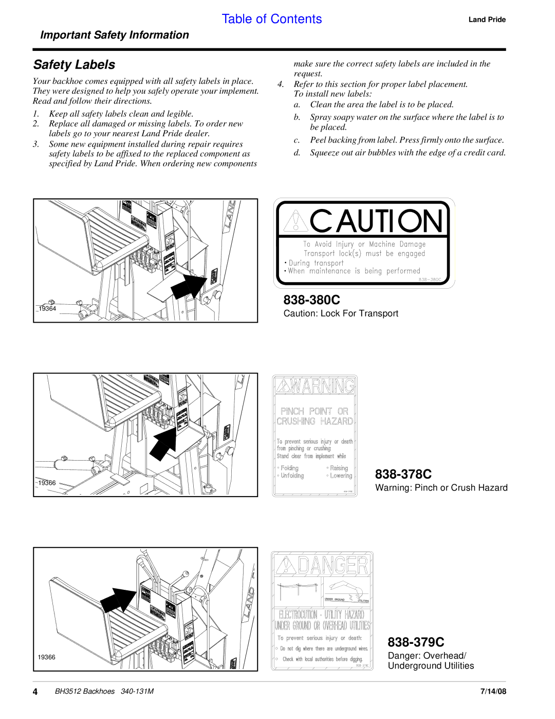 Land Pride BH3512 manual 838-380C, 838-378C 