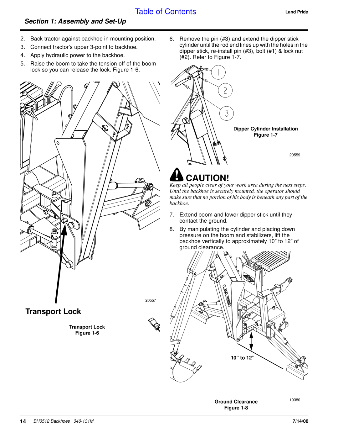 Land Pride BH3512 manual Transport Lock, Table of Contents, Assembly and Set-Up 