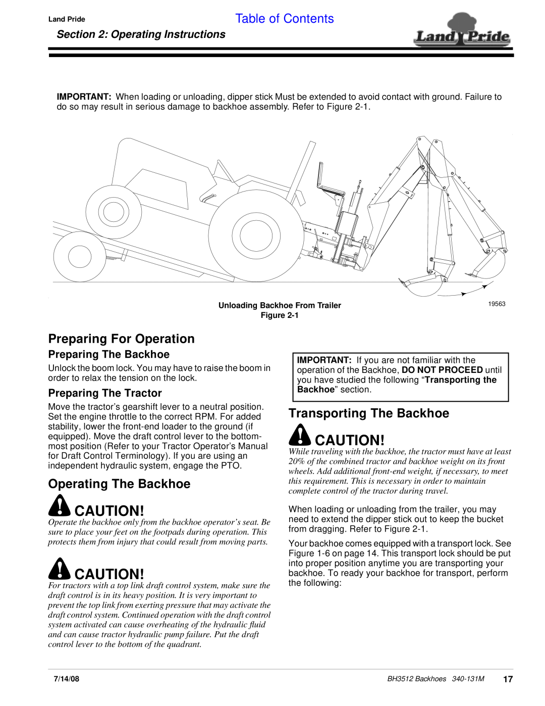 Land Pride BH3512 manual Preparing For Operation, Operating The Backhoe, Transporting The Backhoe, Operating Instructions 