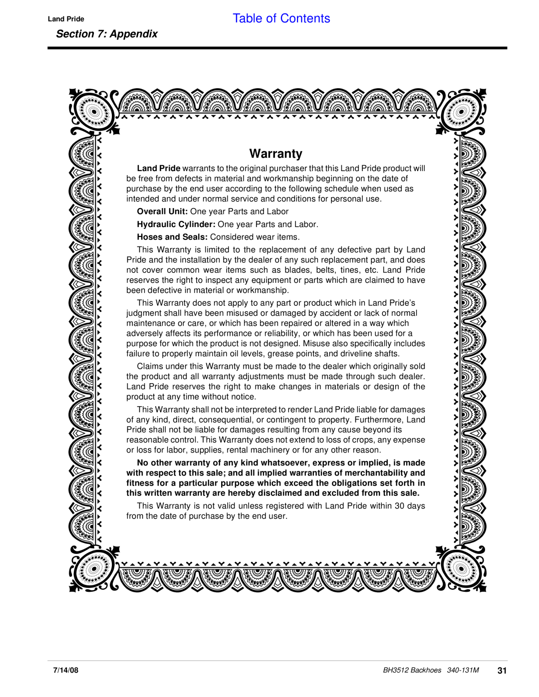Land Pride BH3512 manual Warranty, Table of Contents, Appendix 
