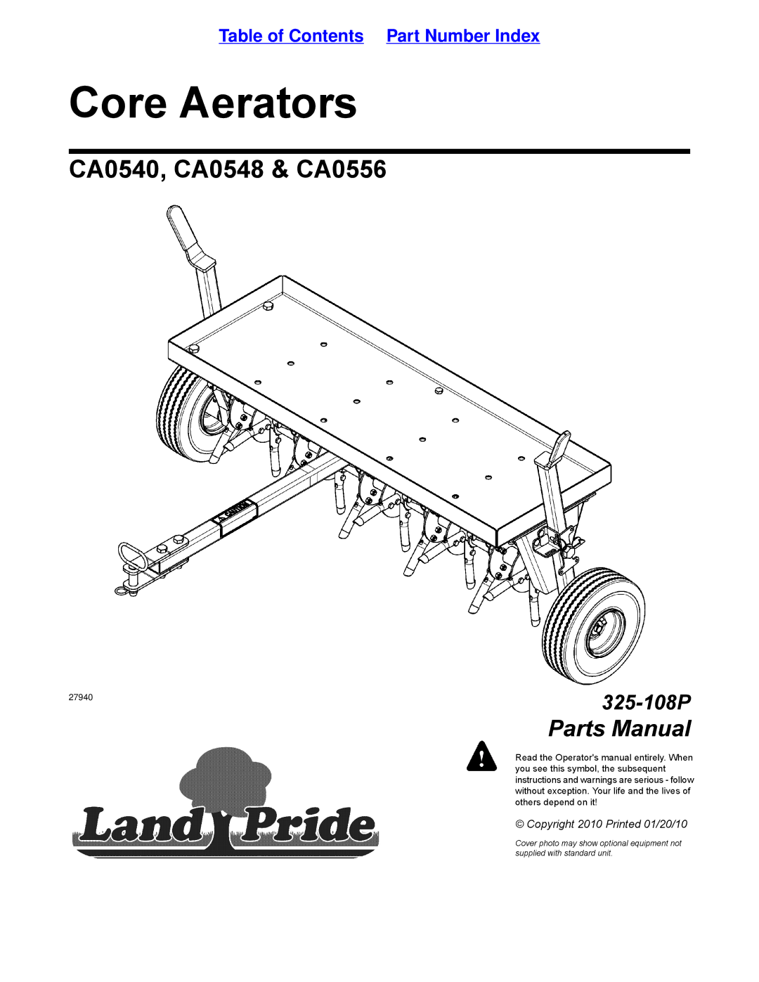 Land Pride CA0540, CA0548, CA0556 manual Core Aerators 