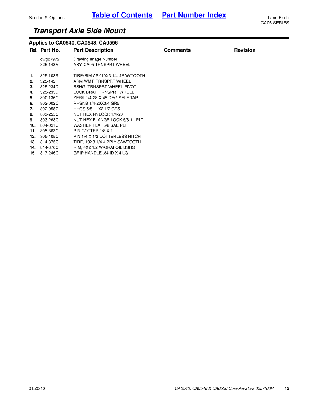 Land Pride CA0548, CA0540, CA0556 manual 325-143A ASY, CA05 Trnsprt Wheel 