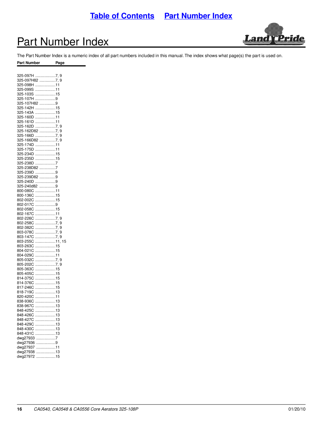 Land Pride CA0540, CA0548, CA0556 manual Part Number Index 