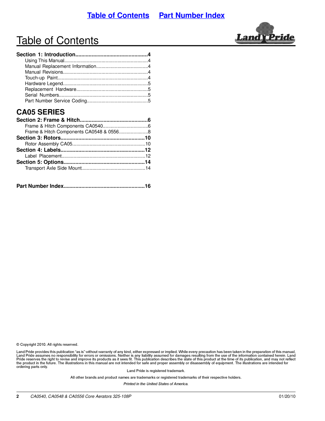 Land Pride CA0556, CA0548, CA0540 manual Table of Contents 