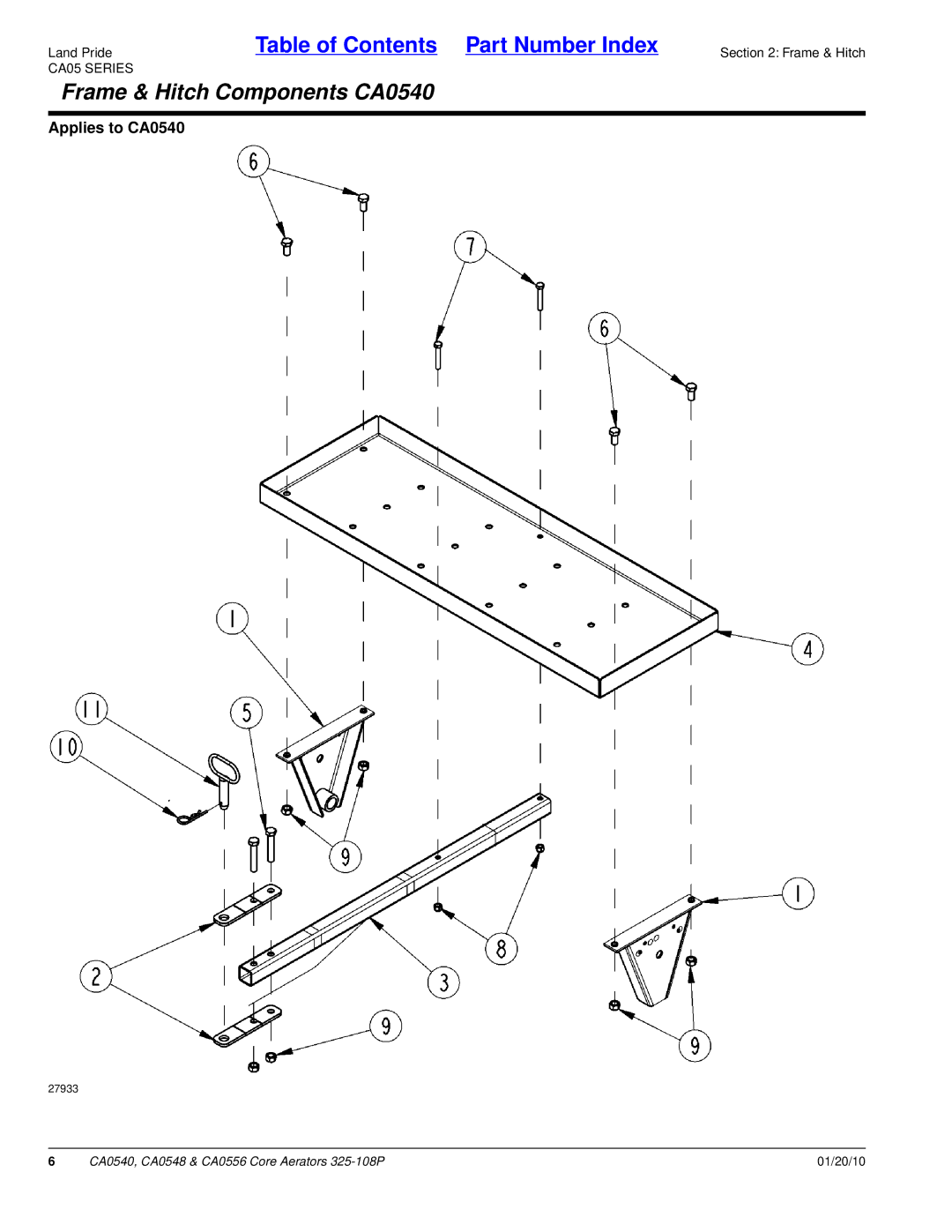 Land Pride CA0548, CA0556 manual Frame & Hitch Components CA0540 