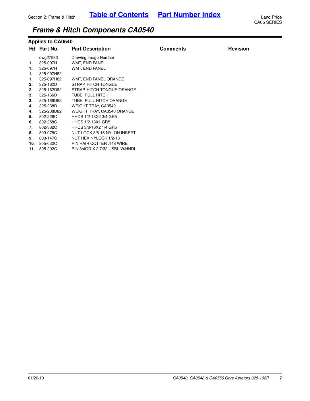 Land Pride CA0540, CA0548, CA0556 manual 325-166D82 TUBE, Pull Hitch Orange 