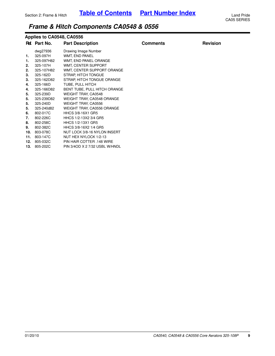 Land Pride CA0548, CA0540, CA0556 manual 325-166D82 Bent TUBE, Pull Hitch Orange 