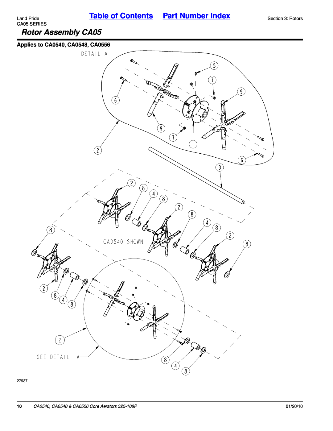 Land Pride manual Rotor Assembly CA05, Applies to CA0540, CA0548, CA0556, Land PrideTable of Contents Part Number Index 
