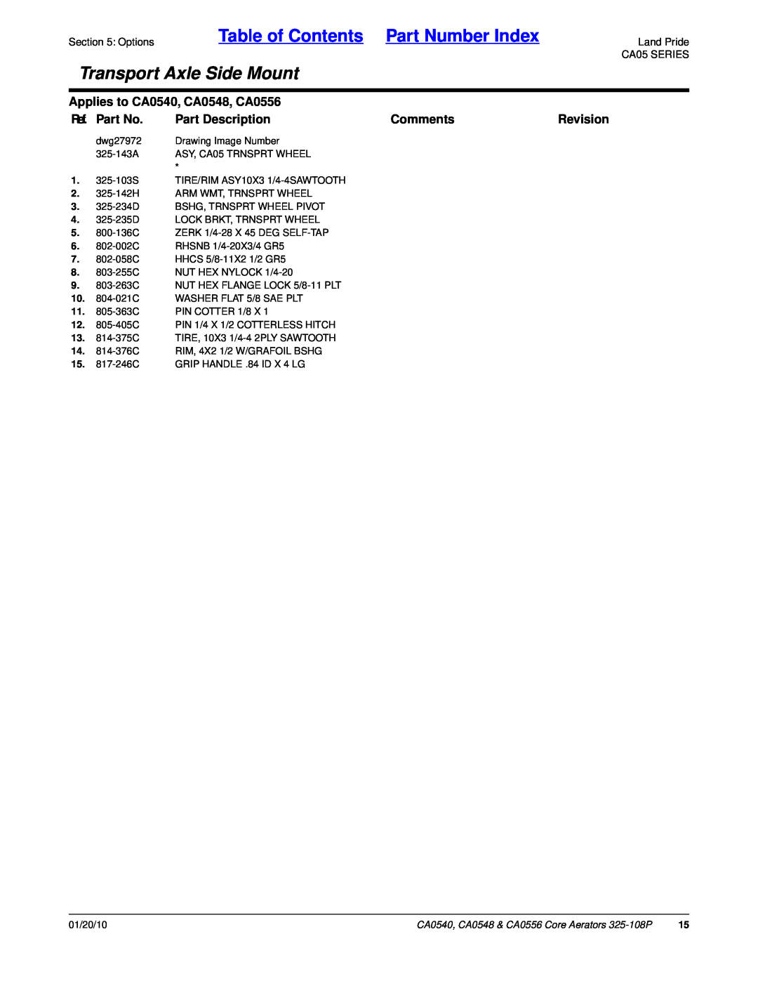 Land Pride Table of Contents Part Number Index, Transport Axle Side Mount, Applies to CA0540, CA0548, CA0556, Comments 