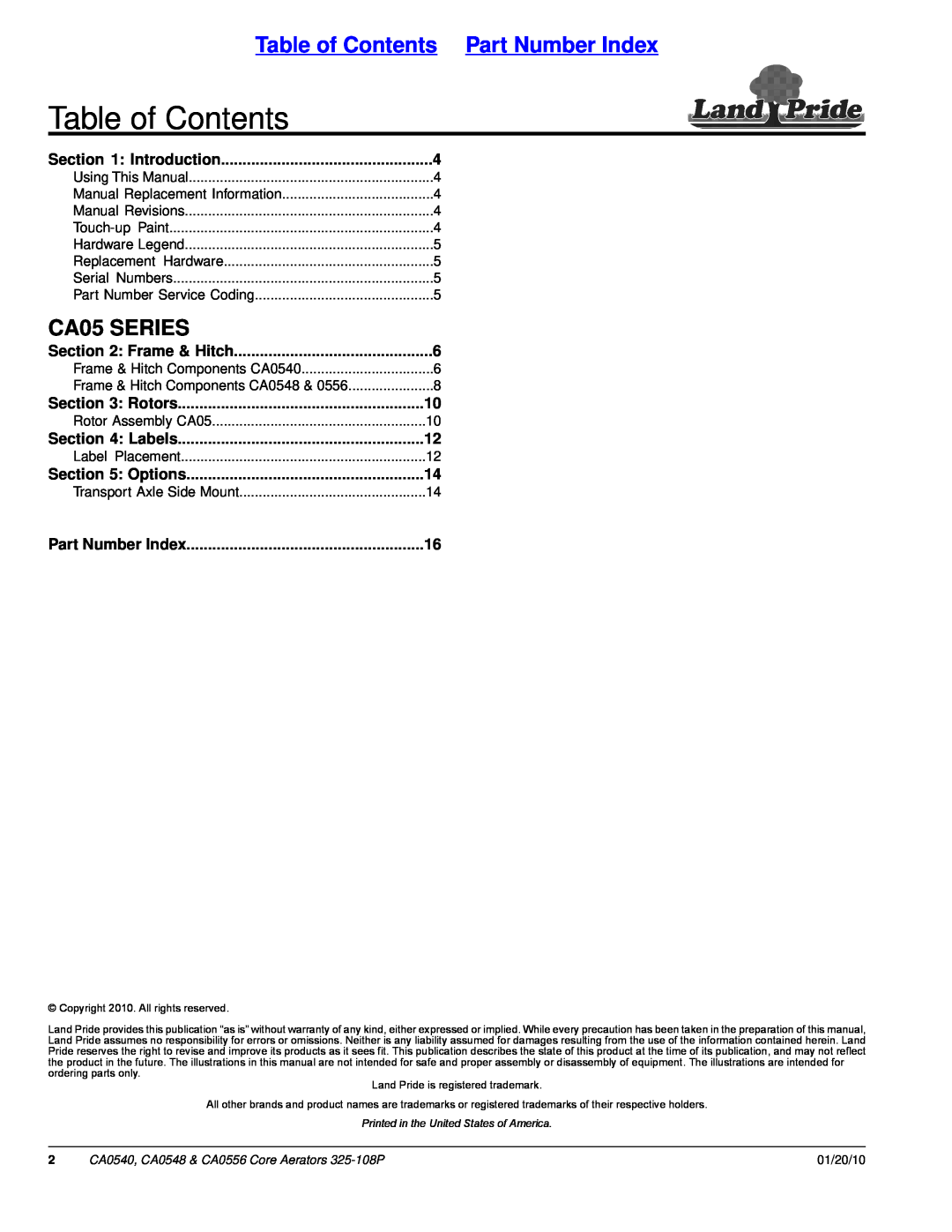 Land Pride CA0556 manual CA05 SERIES, Table of Contents Part Number Index, Introduction, Frame & Hitch, Rotors, Labels 