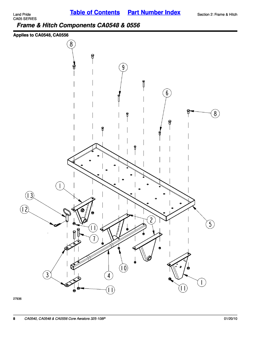 Land Pride Frame & Hitch Components CA0548, Applies to CA0548, CA0556, Land PrideTable of Contents Part Number Index 