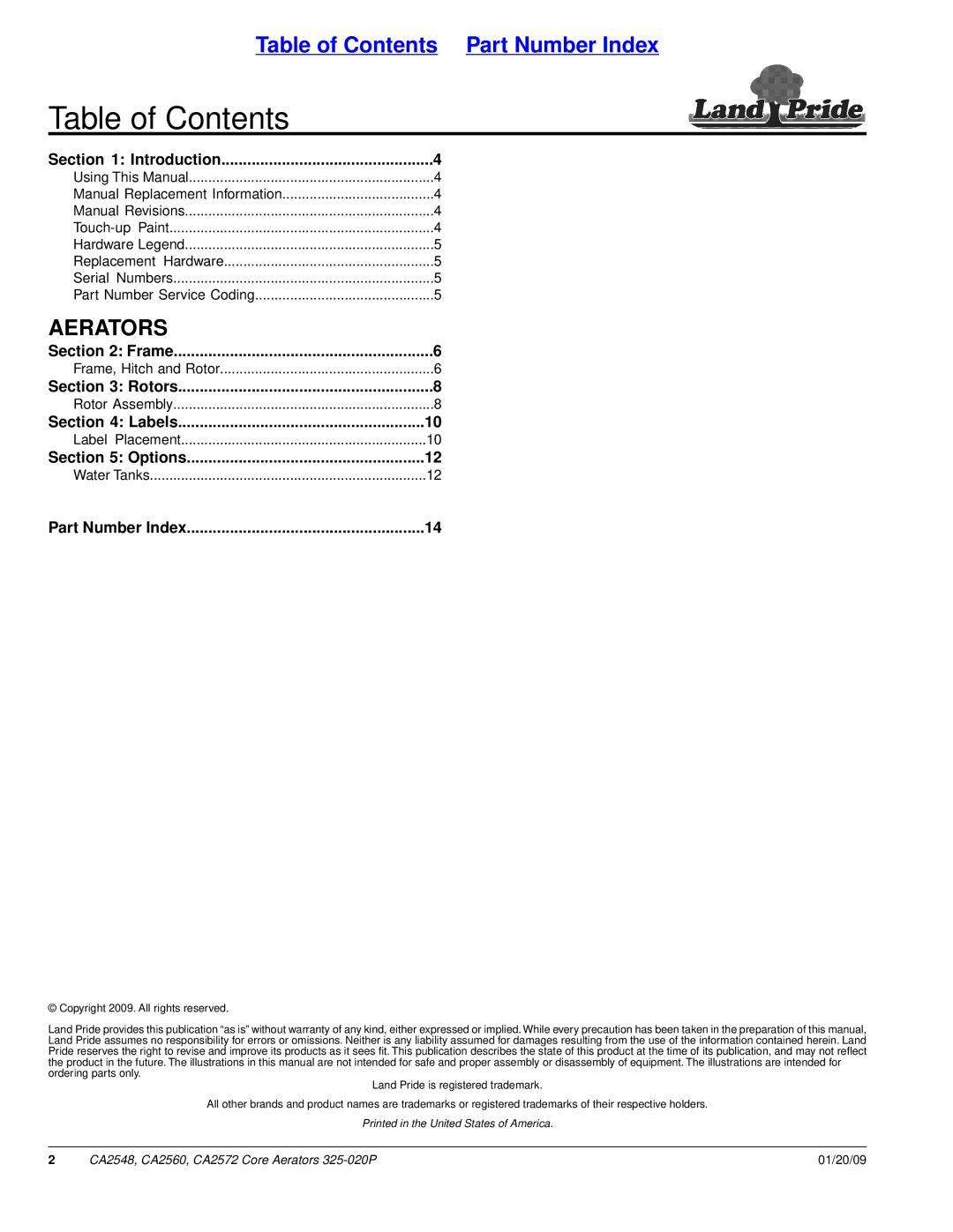 Land Pride CA2548, CA2572, CA2560 manual Table of Contents 