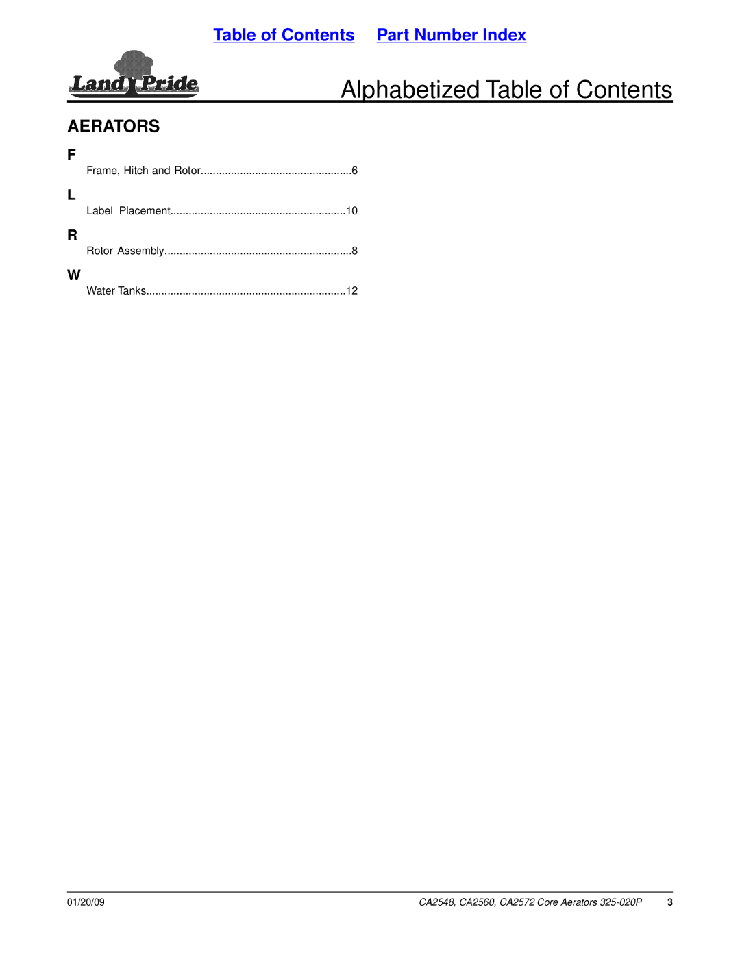 Land Pride CA2572, CA2560, CA2548 manual Alphabetized Table of Contents 