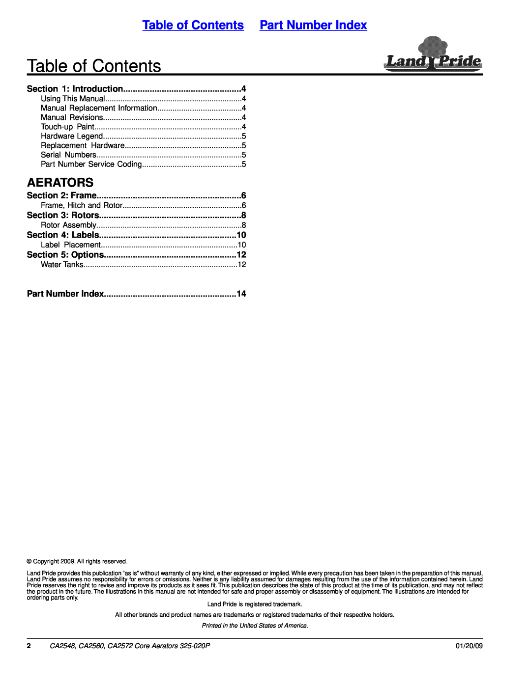 Land Pride CA2548, CA2572 Aerators, Table of Contents Part Number Index, Introduction, Frame, Rotors, Labels, Options 