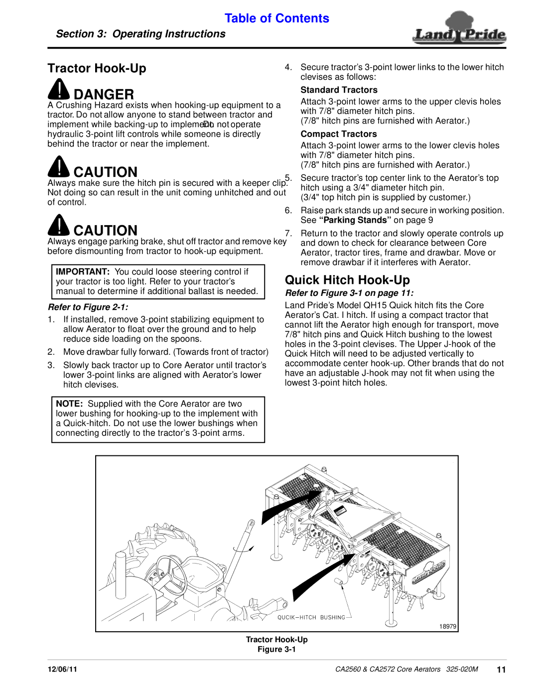 Land Pride CA2560, CA2572 manual Tractor Hook-Up, Quick Hitch Hook-Up, Standard Tractors, Compact Tractors 