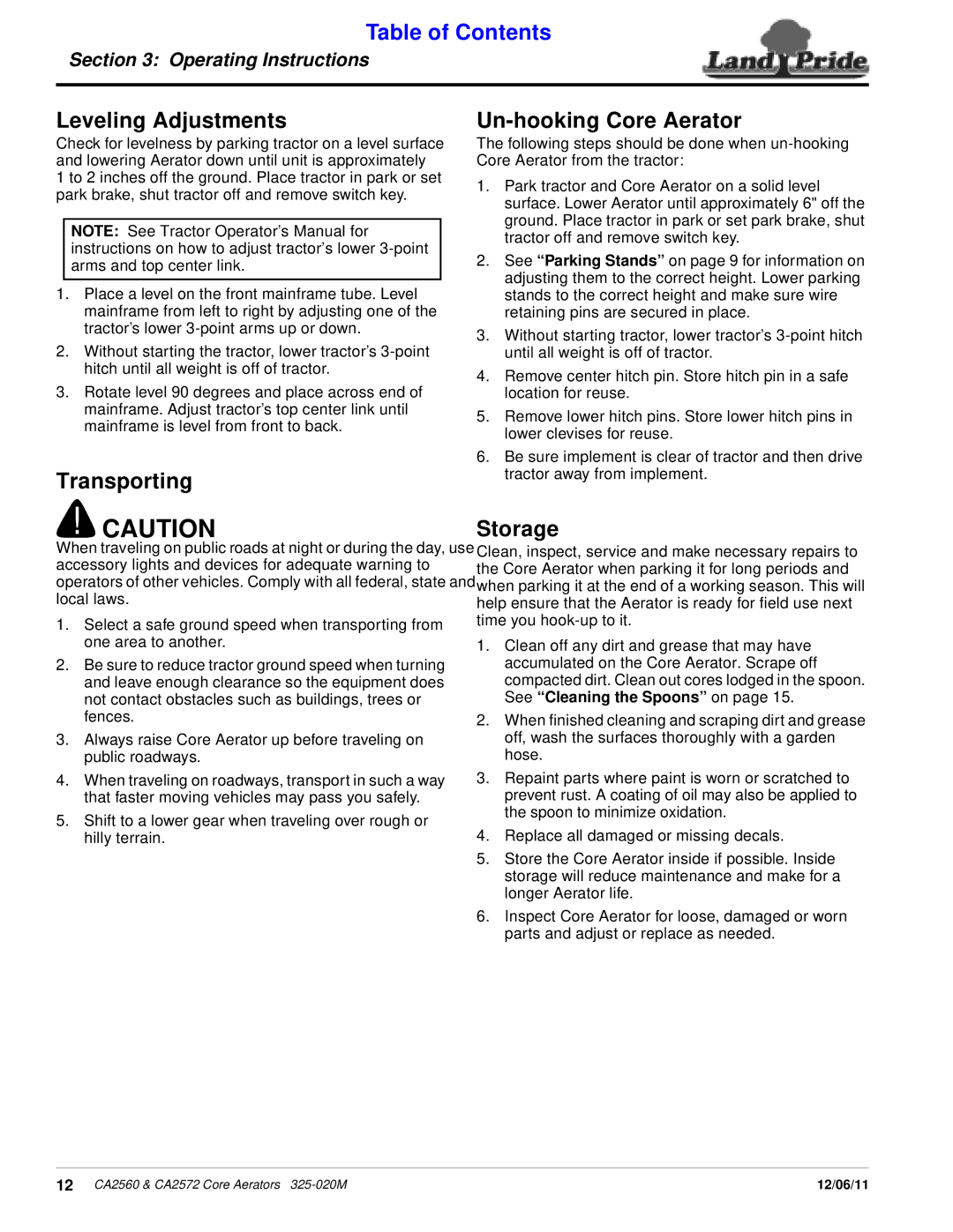 Land Pride CA2572, CA2560 manual Leveling Adjustments, Transporting Un-hooking Core Aerator, Storage 