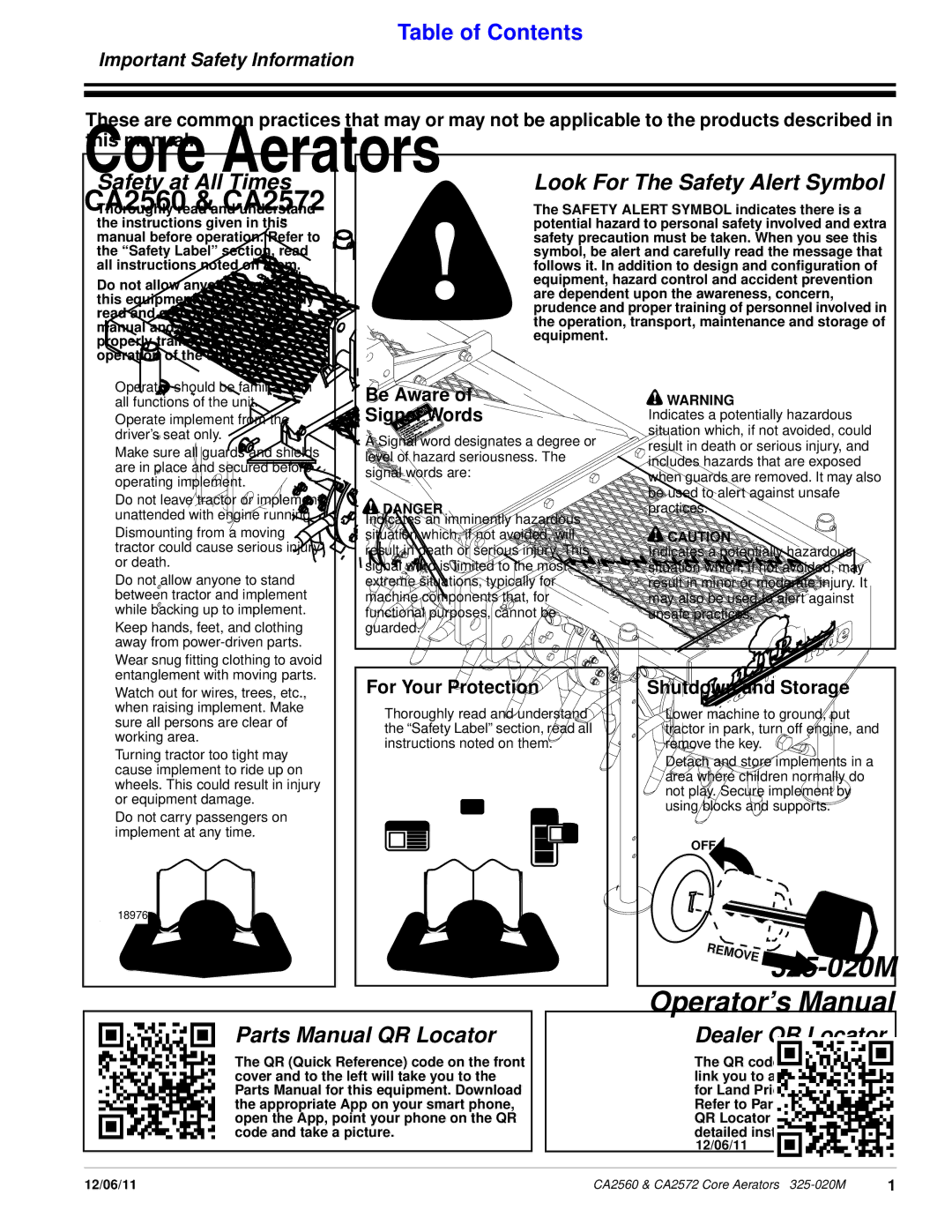 Land Pride CA2560, CA2572 Important Safety Information, Be Aware Signal Words, For Your Protection, Shutdown and Storage 