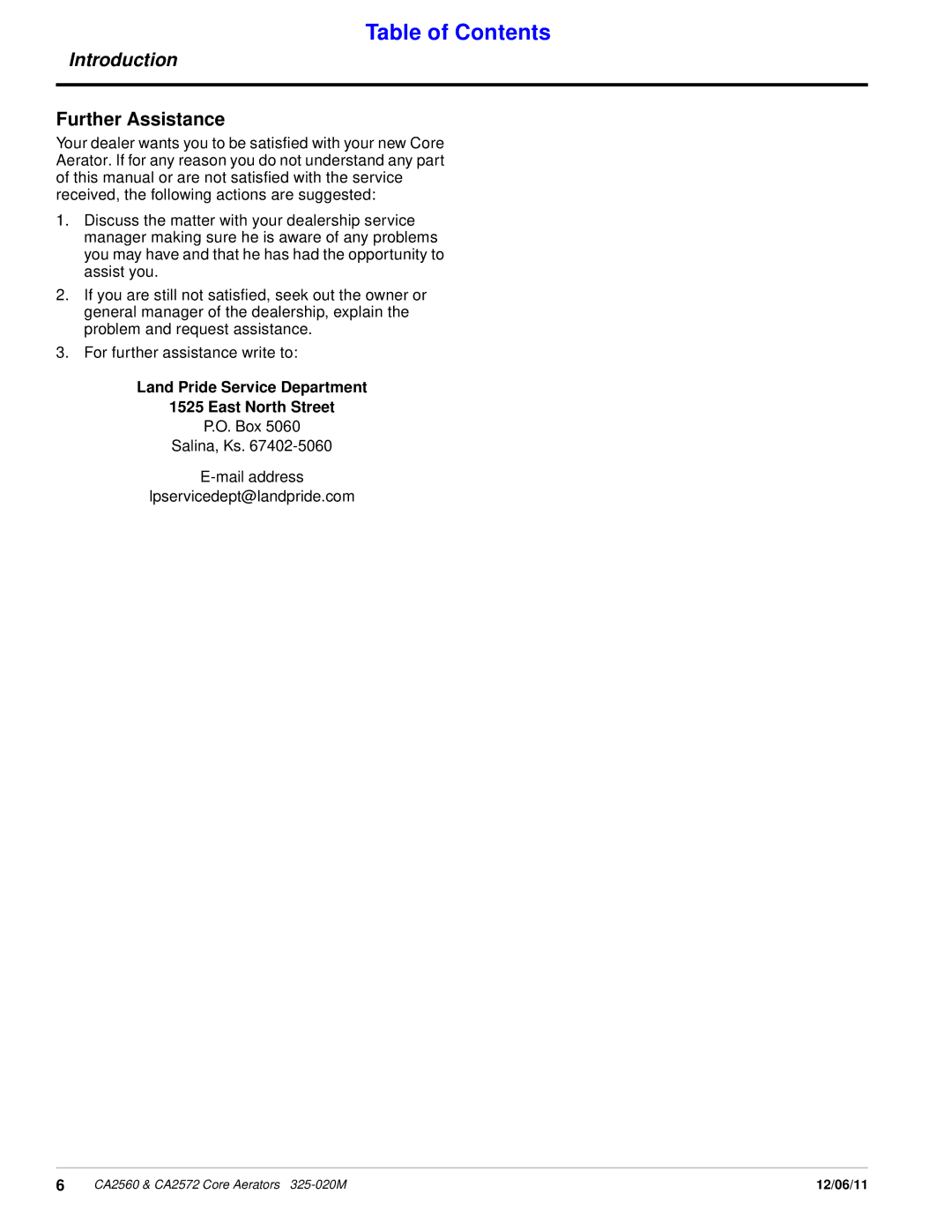 Land Pride CA2572, CA2560 manual Further Assistance, Land Pride Service Department East North Street 