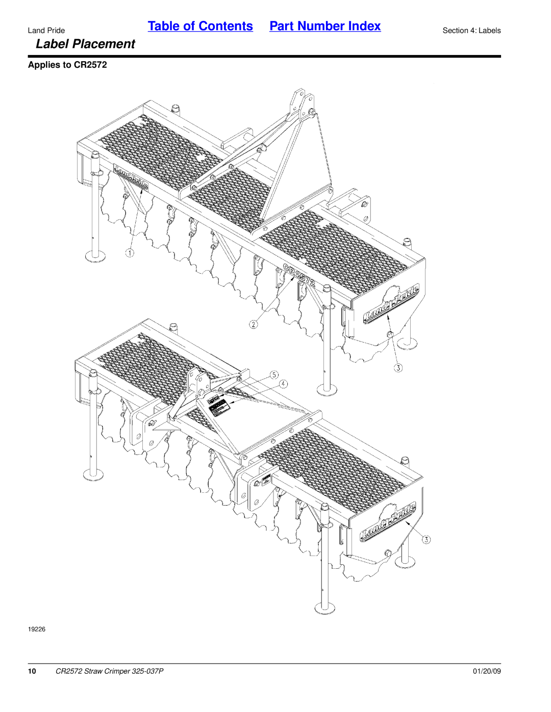 Land Pride CR2572 manual Label Placement 