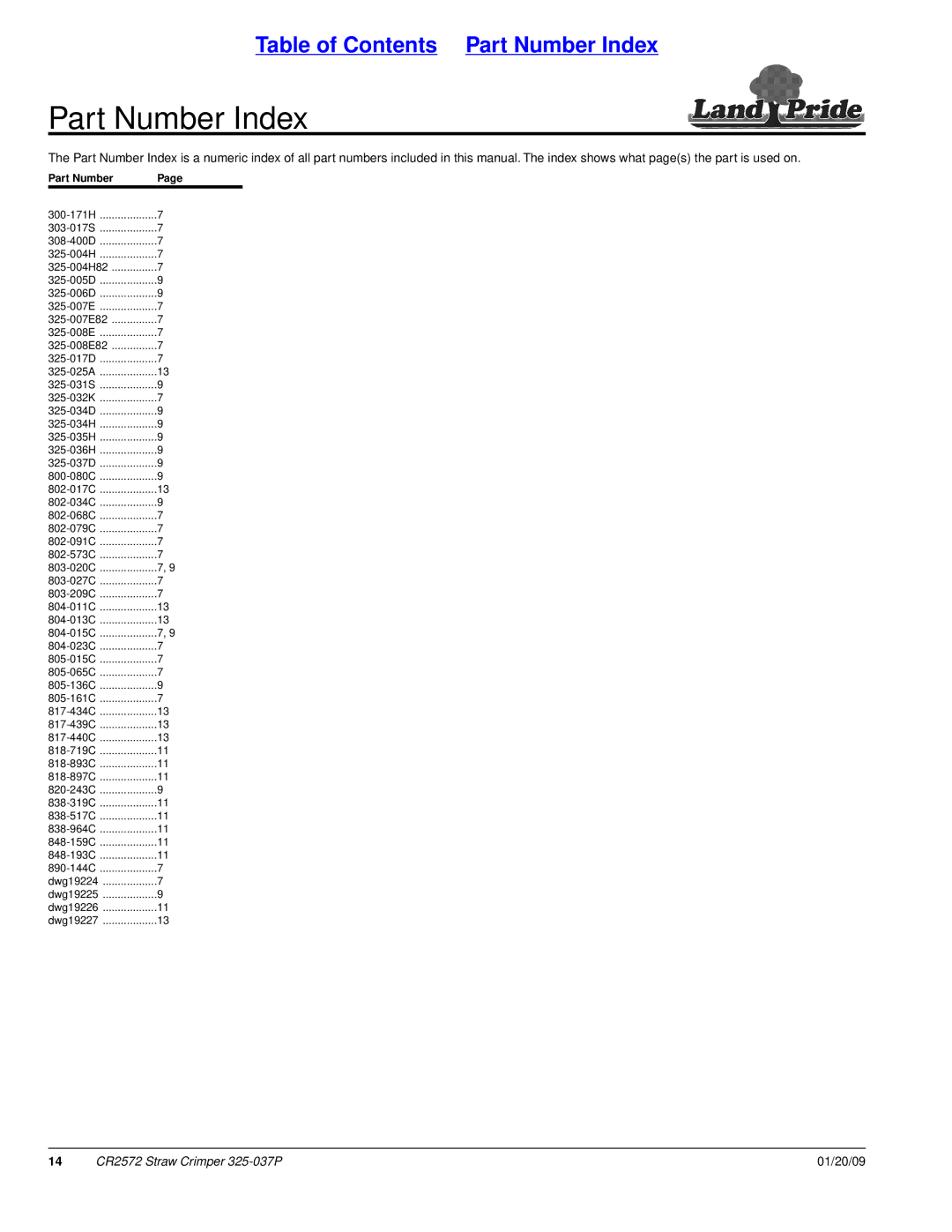 Land Pride CR2572 manual Part Number Index 