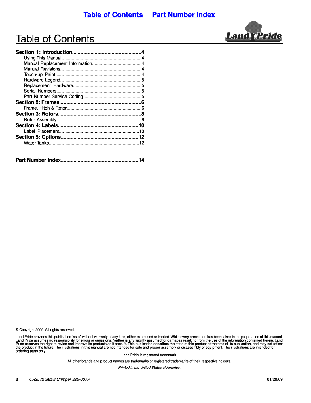 Land Pride CR2572 manual Table of Contents Part Number Index, Introduction, Frames, Rotors, Labels, Options 