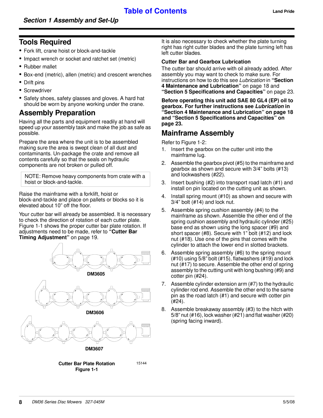 Land Pride DM36 Series manual Tools Required, Assembly Preparation, Mainframe Assembly, Cutter Bar and Gearbox Lubrication 