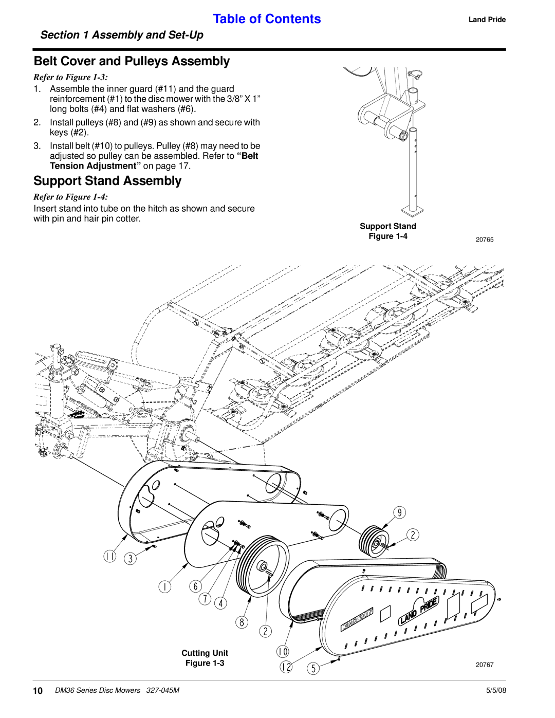 Land Pride DM36 Series manual Belt Cover and Pulleys Assembly, Support Stand Assembly 