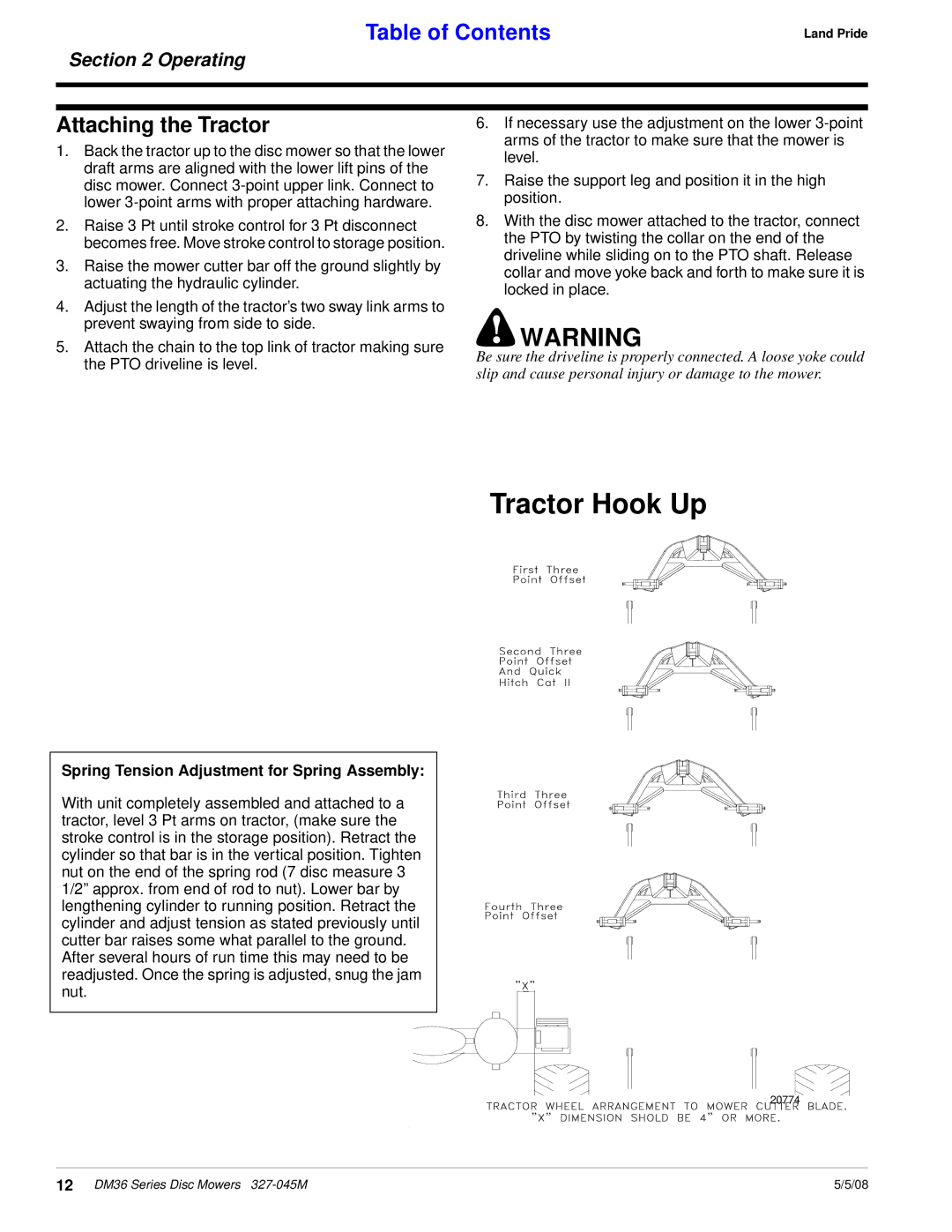 Land Pride DM36 Series manual Attaching the Tractor, Spring Tension Adjustment for Spring Assembly 