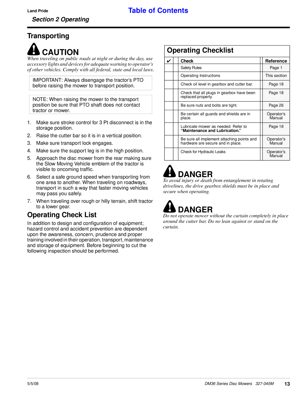 Land Pride DM36 Series manual Transporting, Operating Check List, Operating Checklist 