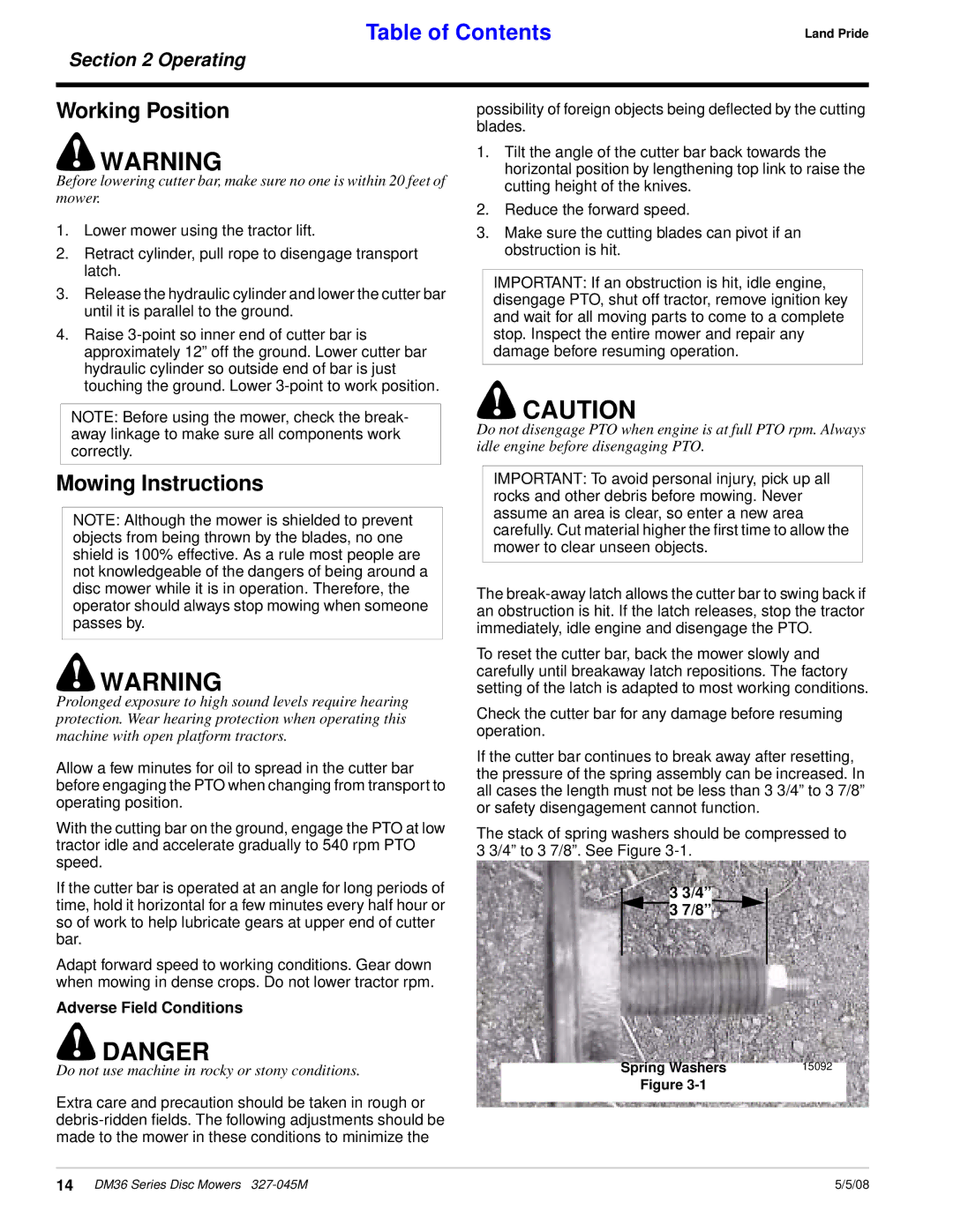 Land Pride DM36 Series manual Working Position, Mowing Instructions, Adverse Field Conditions 