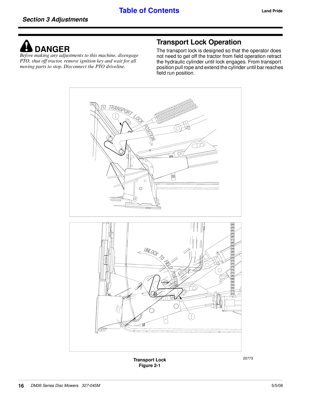 Land Pride DM36 Series manual Transport Lock Operation, Adjustments 