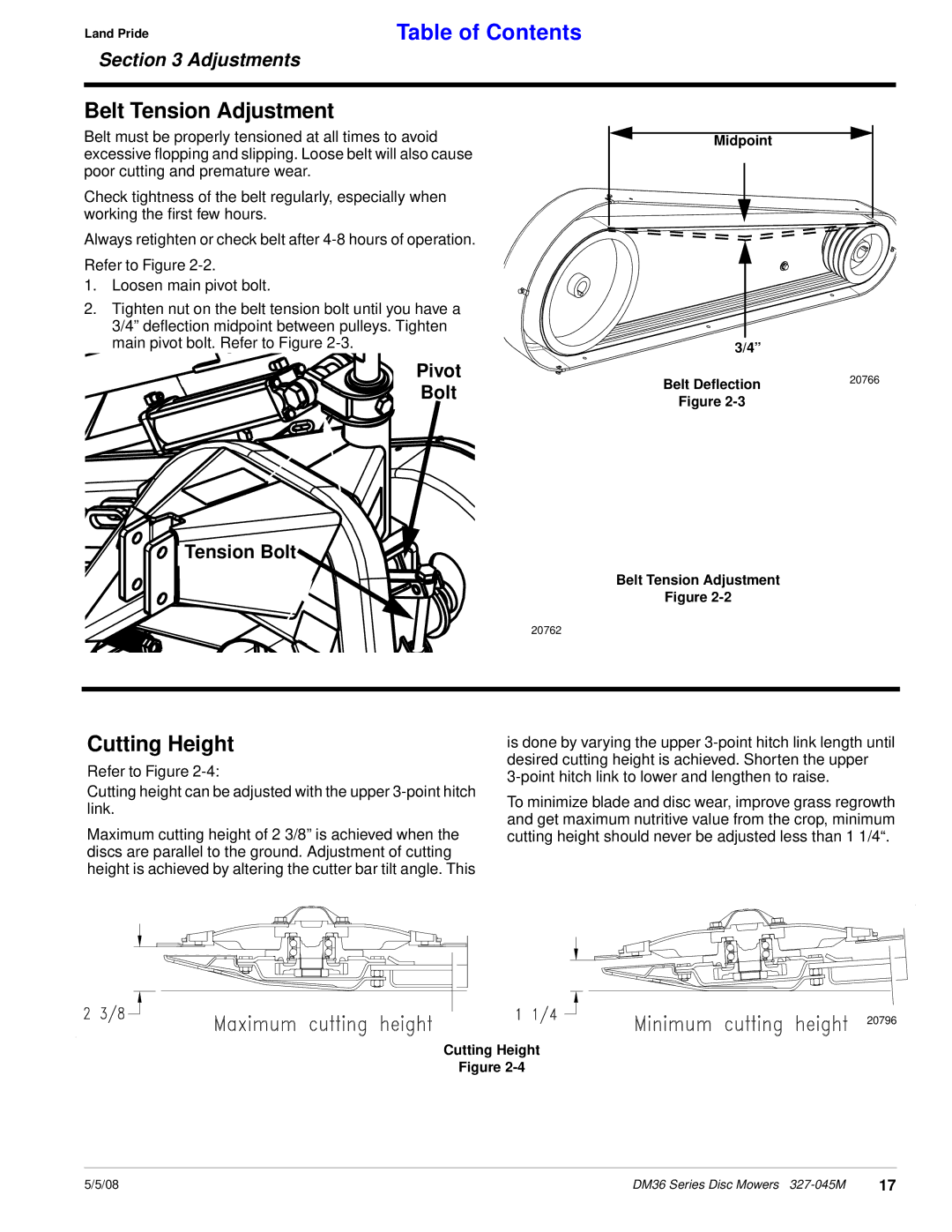 Land Pride DM36 Series manual Belt Tension Adjustment, Cutting Height, Pivot Bolt Tension Bolt 