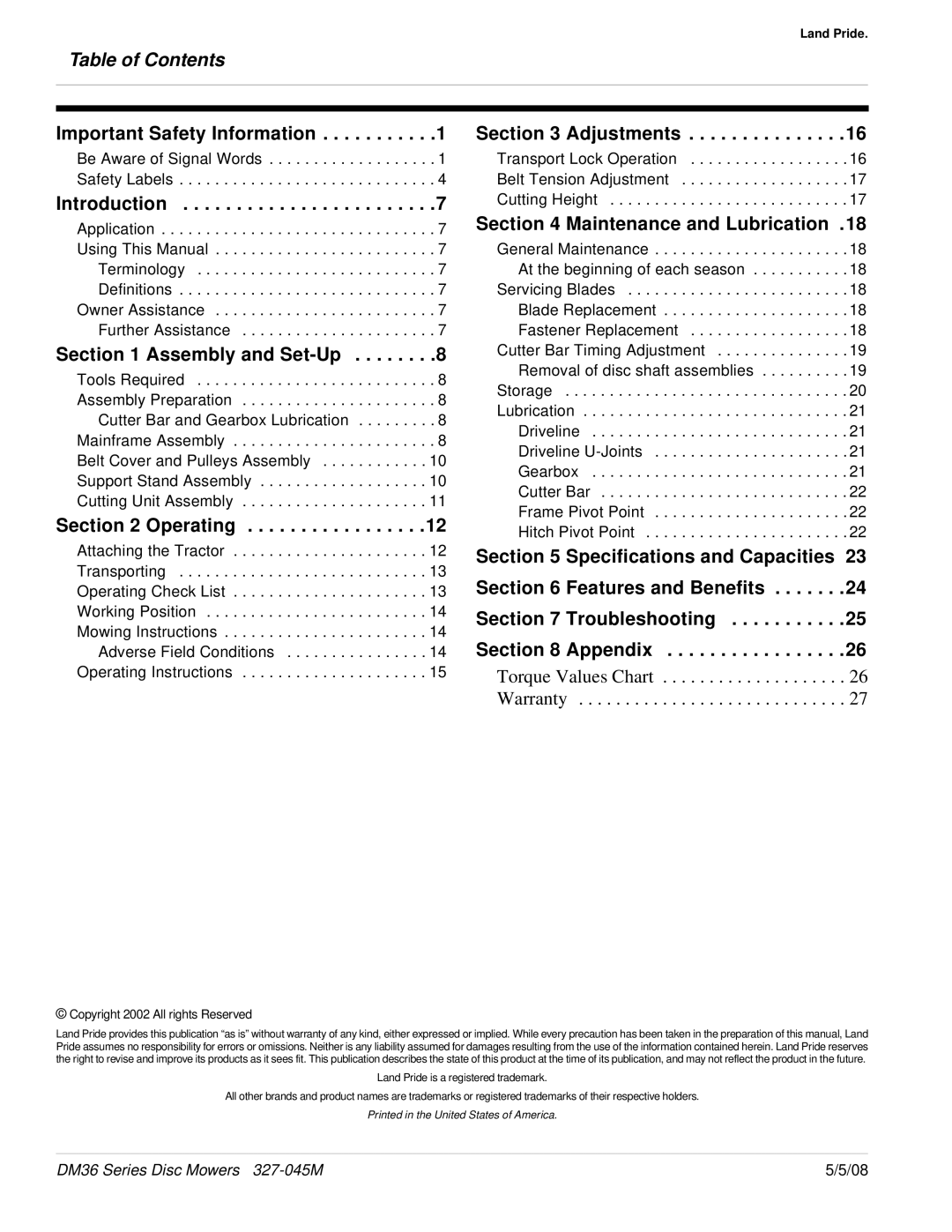 Land Pride DM36 Series manual Table of Contents 