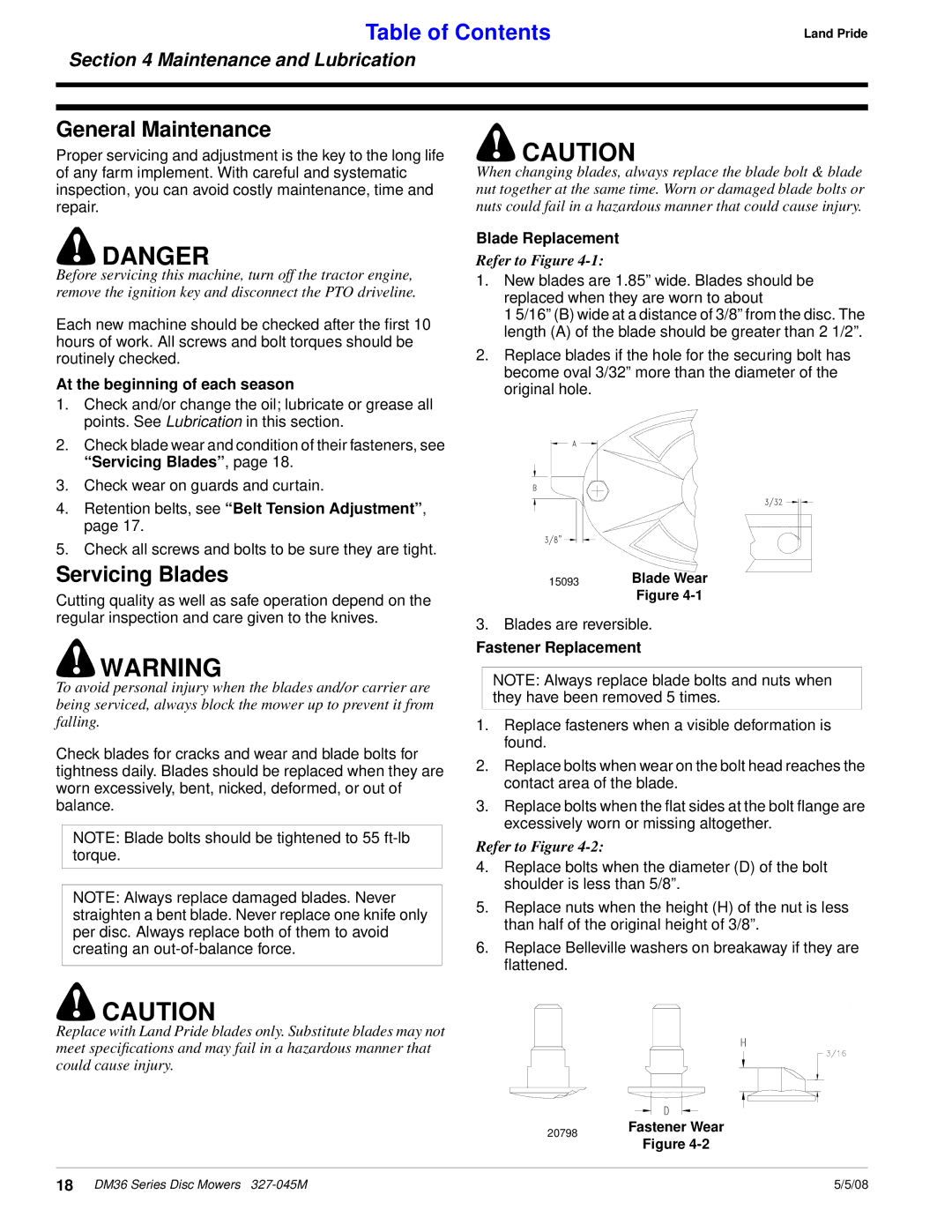 Land Pride DM36 Series manual General Maintenance, Servicing Blades 