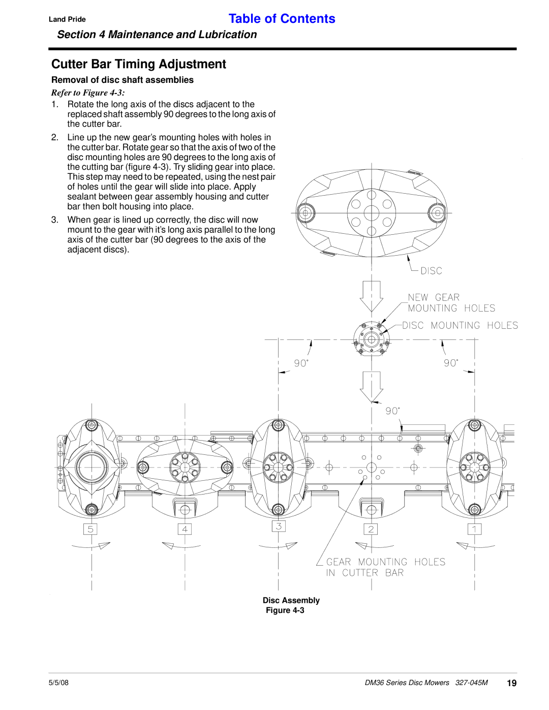 Land Pride DM36 Series manual Cutter Bar Timing Adjustment, Removal of disc shaft assemblies 