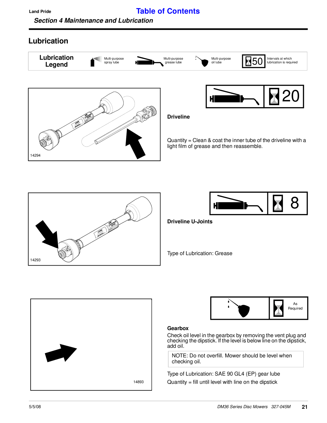 Land Pride DM36 Series manual Lubrication, Driveline U-Joints, Gearbox 