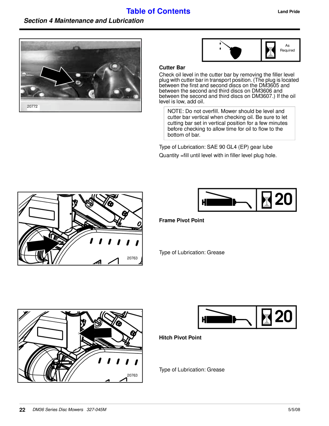 Land Pride DM36 Series manual Cutter Bar, Frame Pivot Point, Hitch Pivot Point 