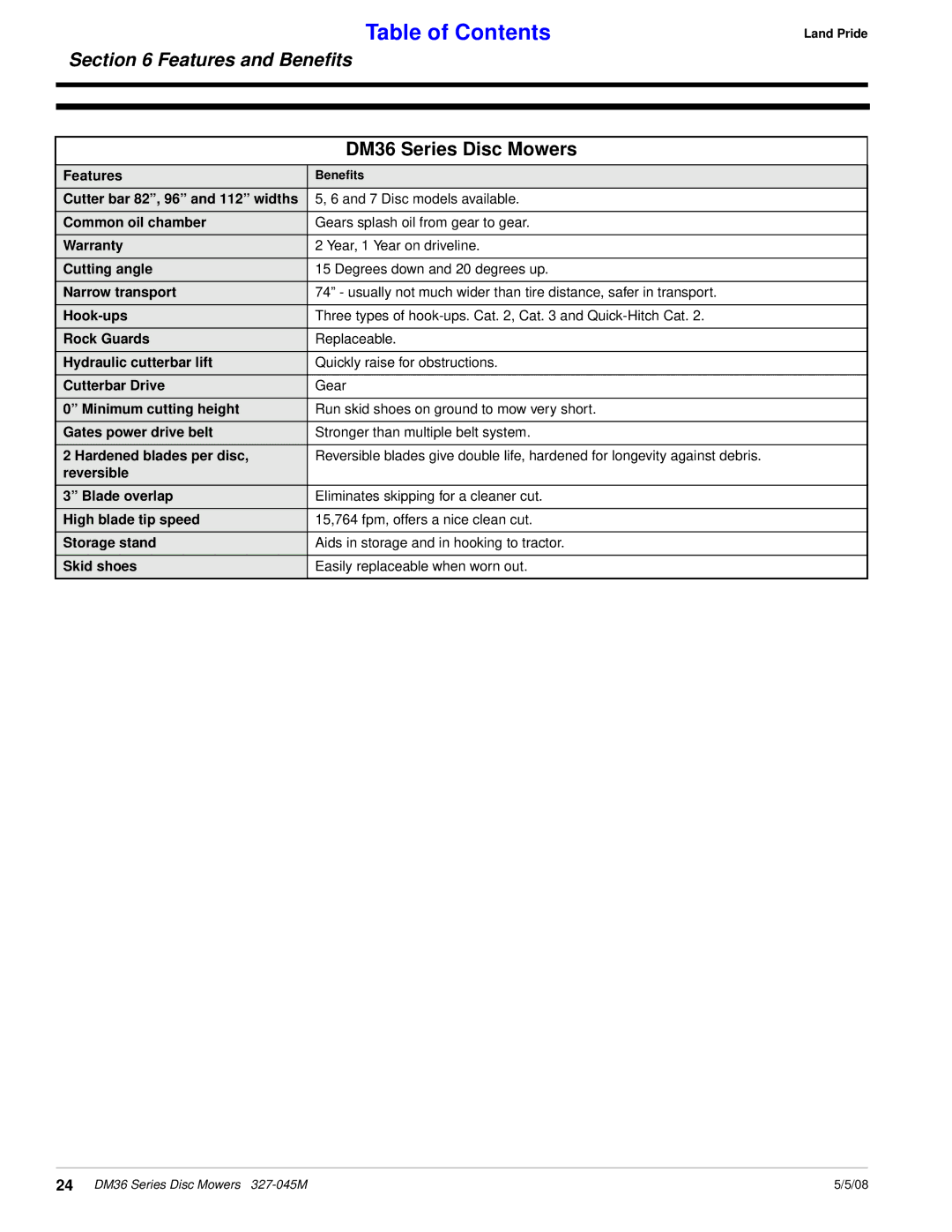 Land Pride DM36 Series manual Features and Beneﬁts 