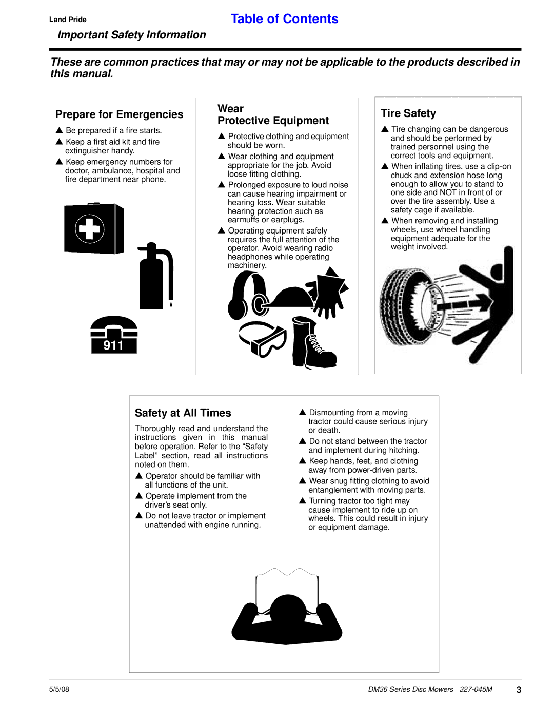 Land Pride DM36 Series manual Prepare for Emergencies, Wear Protective Equipment, Tire Safety, Safety at All Times 