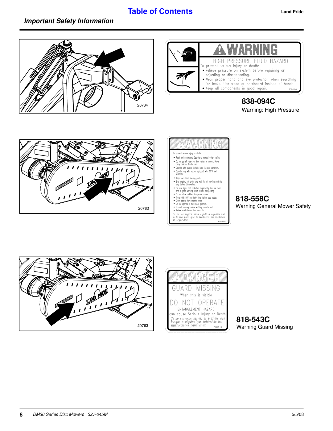 Land Pride DM36 Series manual 838-094C 818-558C 818-543C 