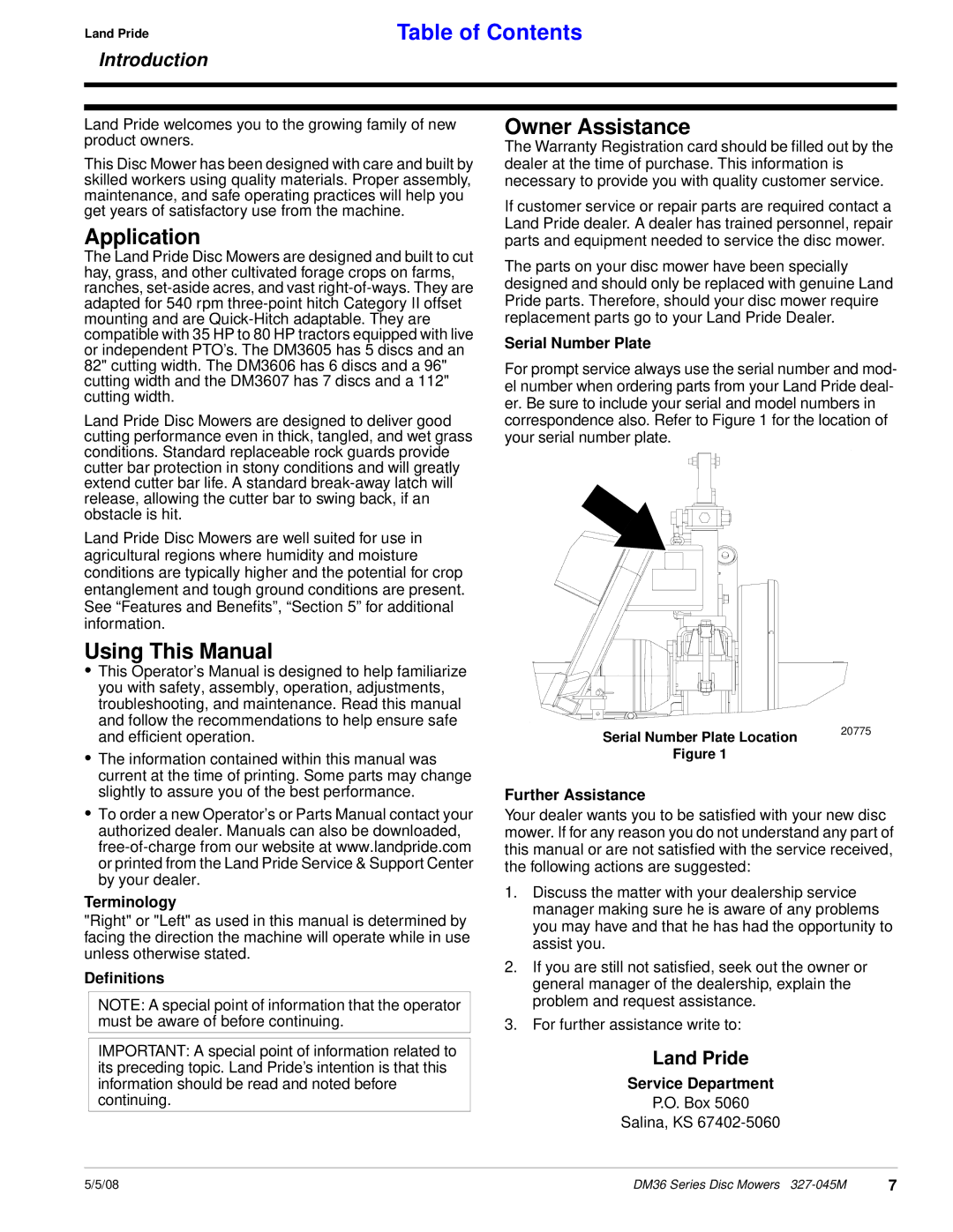 Land Pride DM36 Series manual Application, Using This Manual, Owner Assistance, Land Pride 